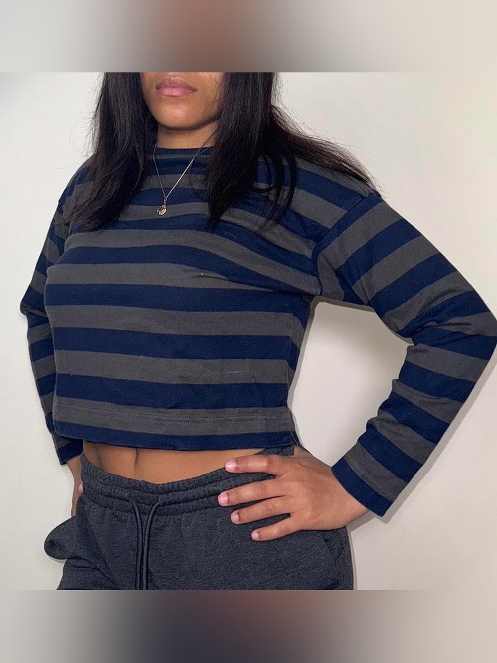 Uniqlo Navy and Gray Striped Cropped Long-Sleeve Top